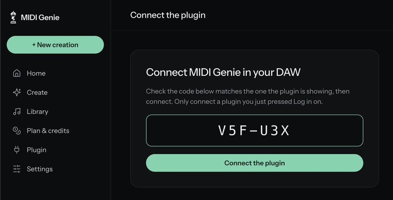 Connecting the MIDI Genie plugin by confirming a short code in the browser